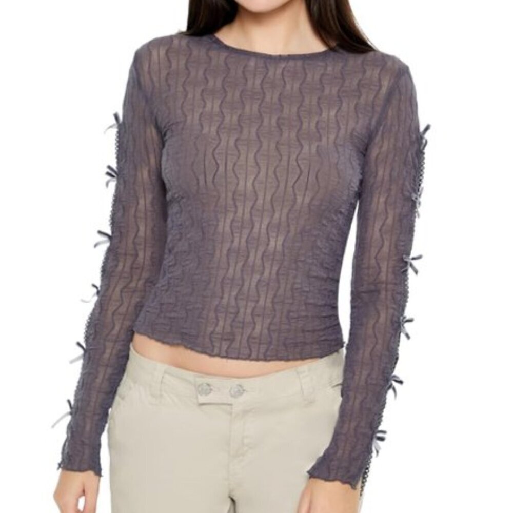 Forever 21 Chevron Jacquard Sheer Cutout Crop Top Gray Velvet Bow Women’s L NWT